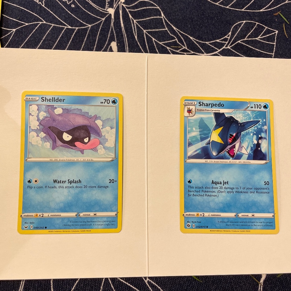 Two Pokémon cards, shellder and sharpedo